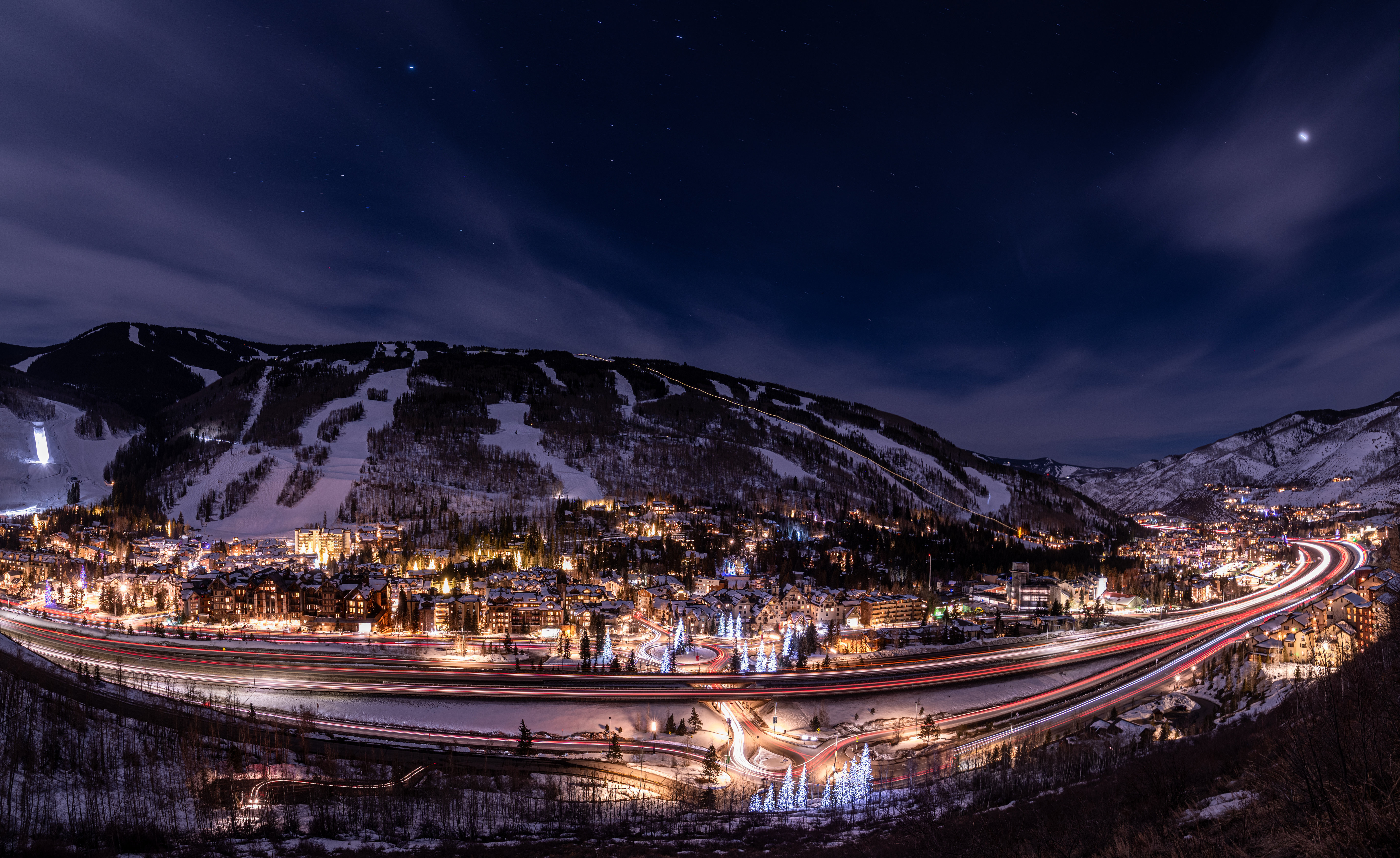 Night time scene of the town of Vail.