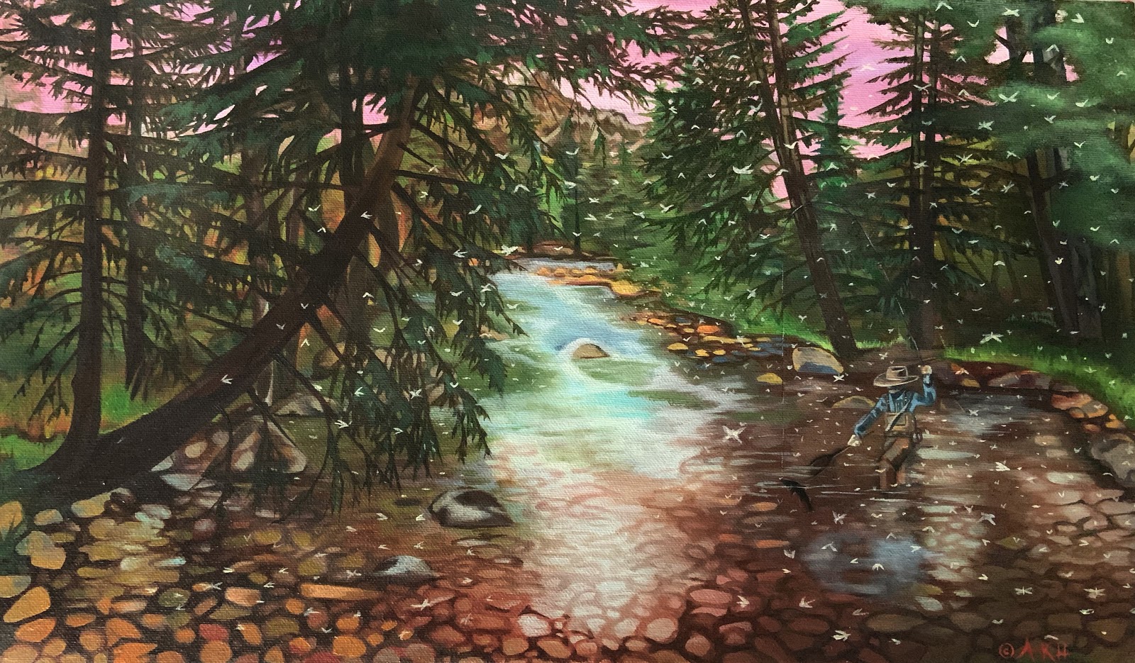 Painting of angler wading in Gore Creek, with adult flies flying around.
